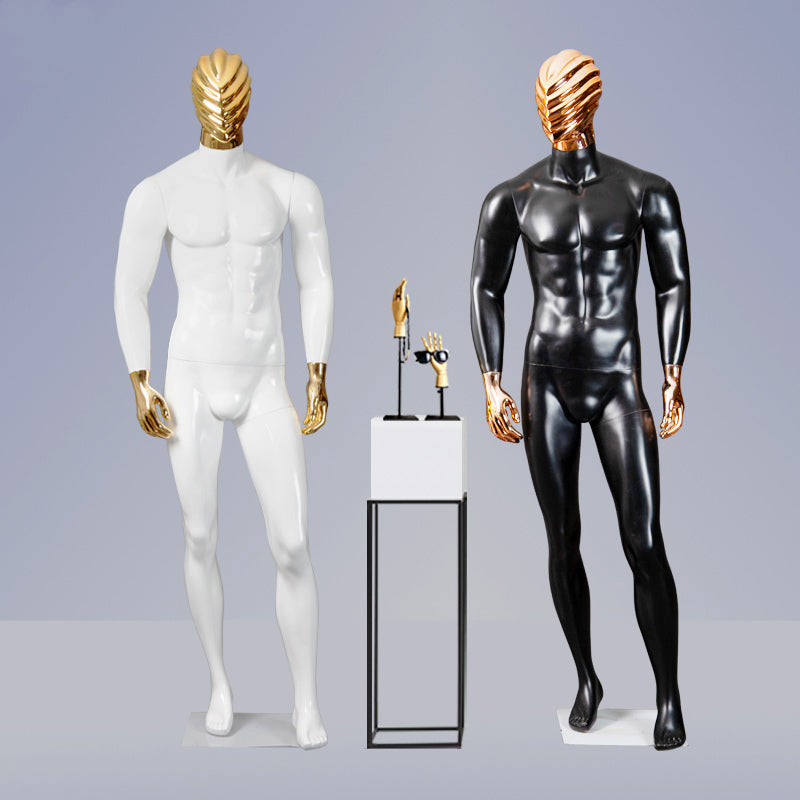 Boutique Luxury Shinny Gold and Silver Mannequins New Design Wholesale Fiberglass Male Dummy with Cloth Head Stand Style