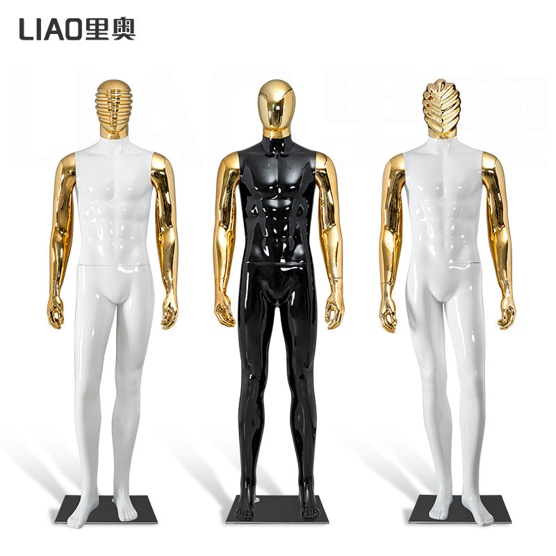 Glossy White Male Mannequin with Gold Chrome Head & Arms Full Body Muscular Display Dummy for Clothing Store