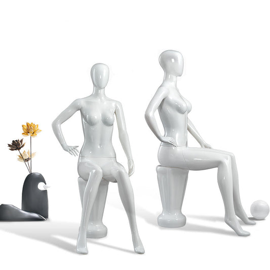 White Full Body Sitting Female Mannequin Real Size with Stool Clothing Plastic Model for Display