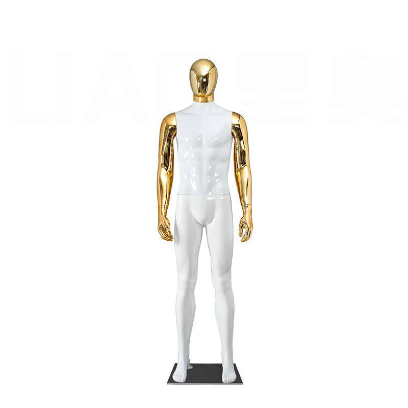 Glossy White Male Mannequin with Gold Chrome Head & Arms Full Body Muscular Display Dummy for Clothing Store
